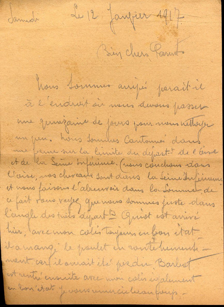 Lettre de Mathieu Dubois à ses parents, 12 janvier 1917.