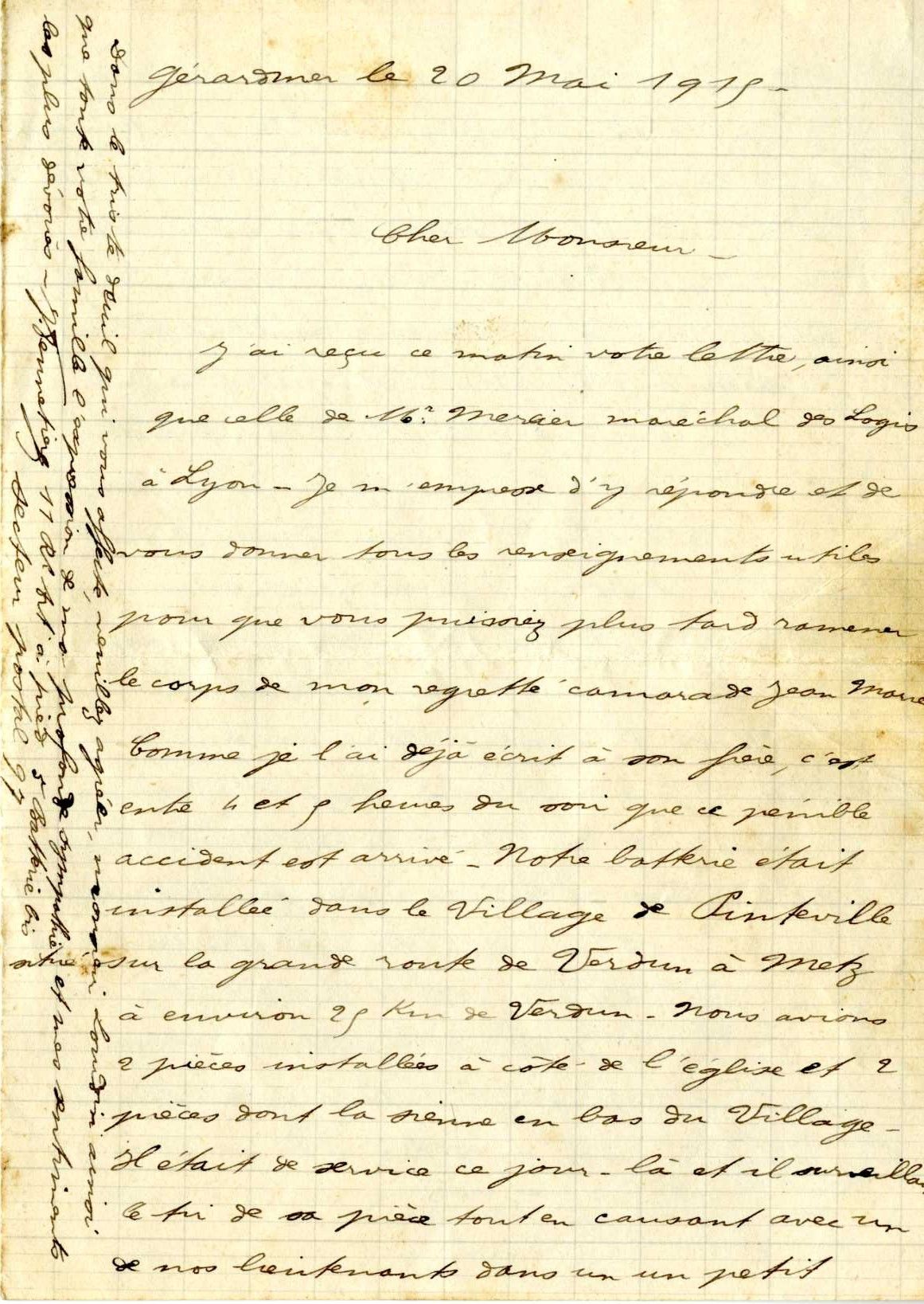 Lettre du 20 mai 1915 relatant les circonstances du décès de J-M Mercier