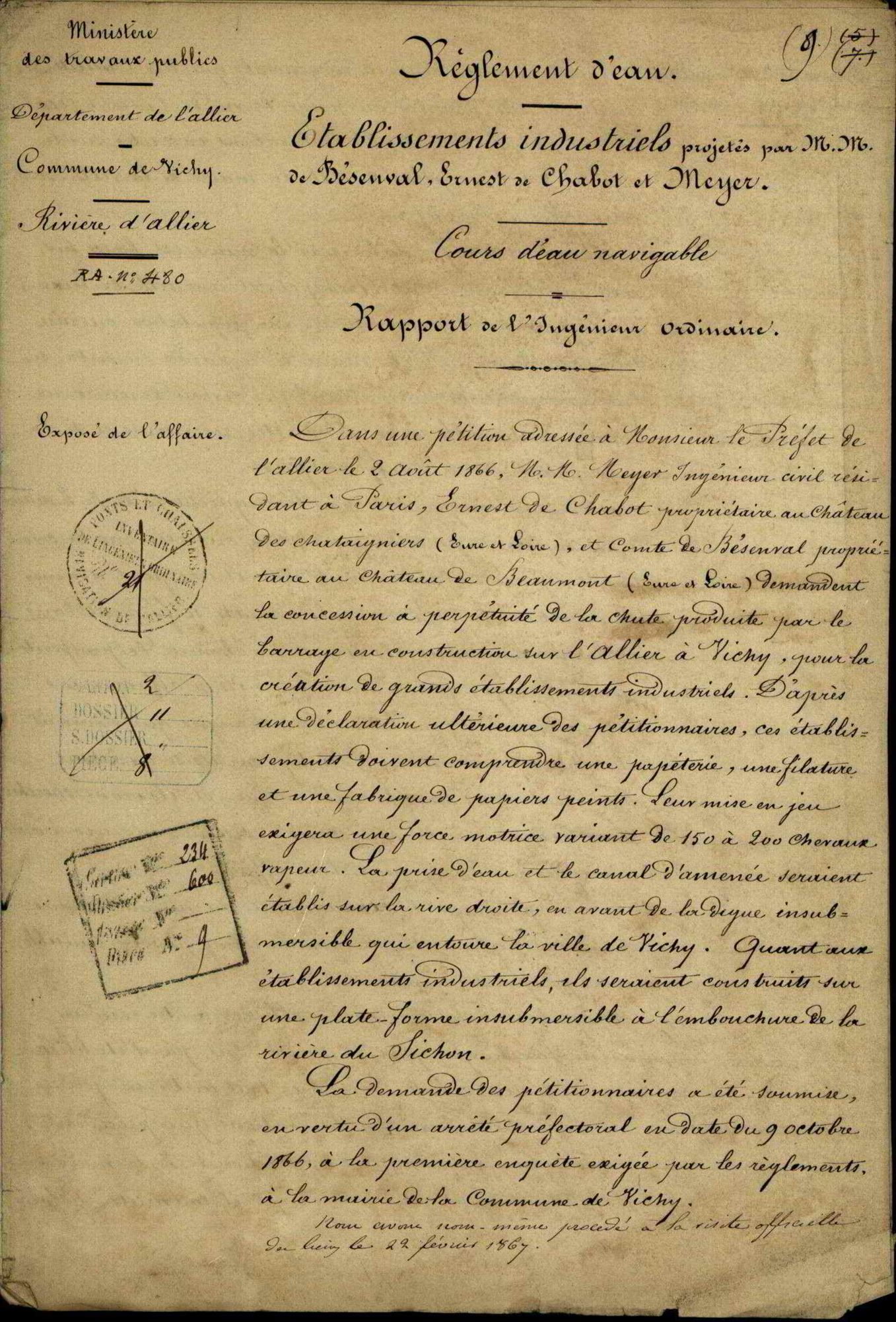 Première page du règlement d'eau de la papeterie, filature et fabrique de papiers peints du Comte Bésemval, de Messieurs Ernest De Chabot et Meyer, 7 mars 1867 (archives départementales de l'Allier, 7S+145).