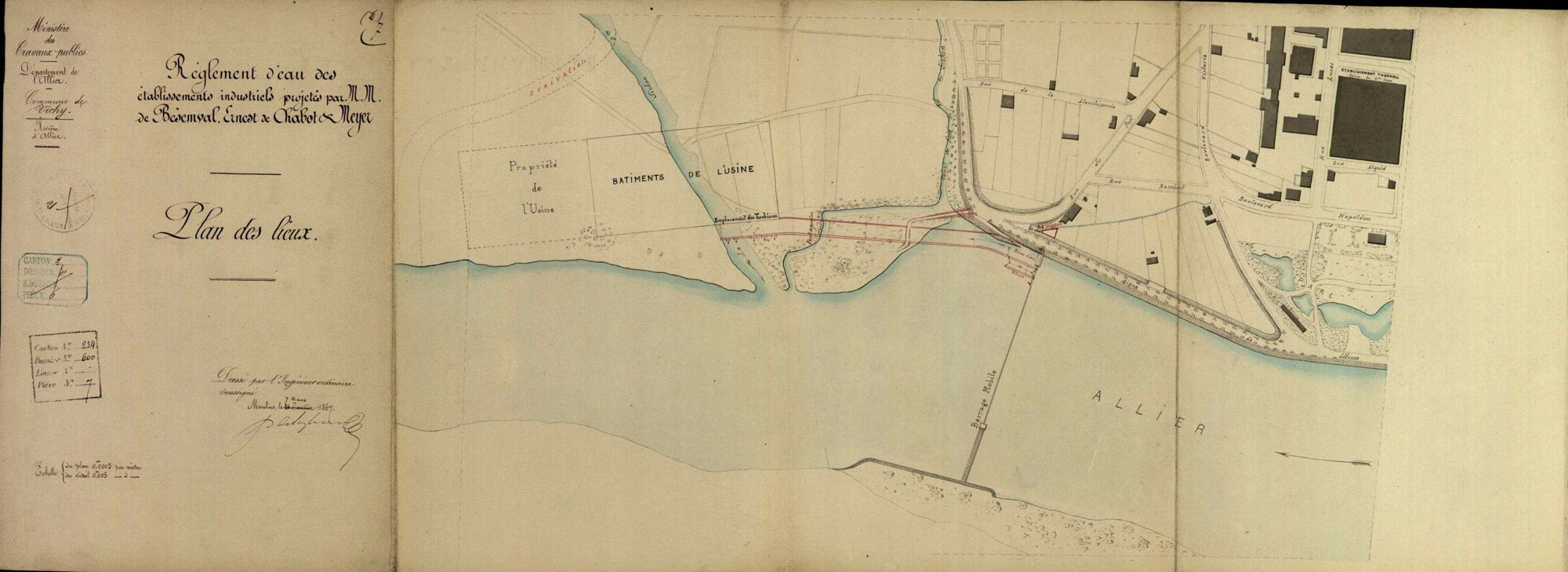 Plan des usines hydrauliques du Comte Bésemval, de Messieurs Ernest De Chabot et Meyer, 7 mars 1867 (archives départementales de l'Allier, 7S+145).