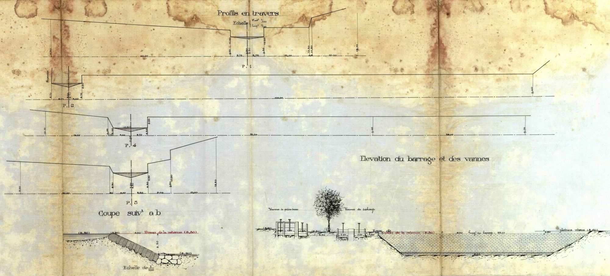Profil en travers du barrage de la scierie Duvergier à Arfeuilles sur le Barbenan, 9 août 1895 (archives départementales de l'Allier, 7S+164).
