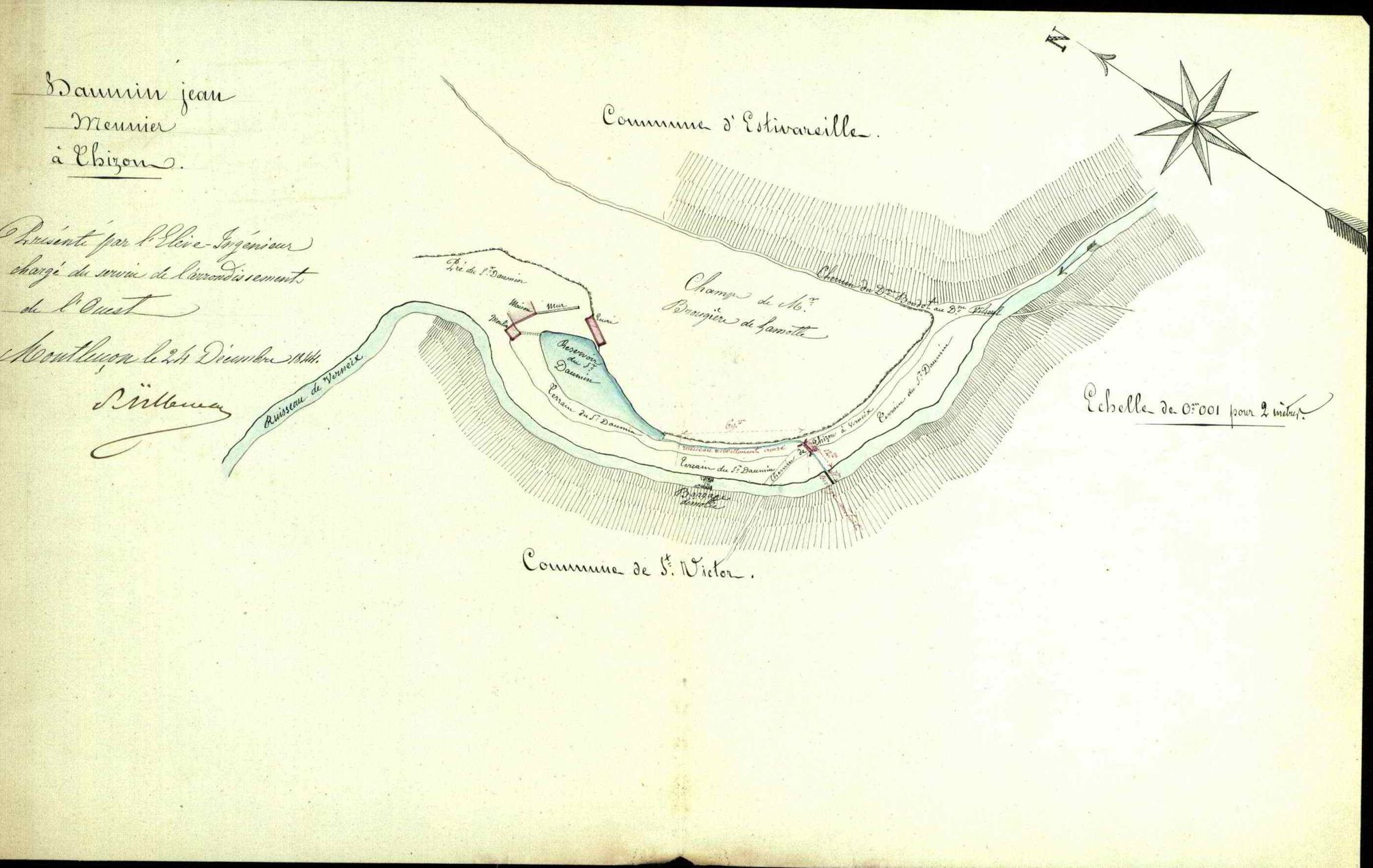 Plan du moulin et du réservoir du meunier Jean Daumin à Estivareilles, 24 décembre 1844 (archives départementales de l'Allier, 7S+145).