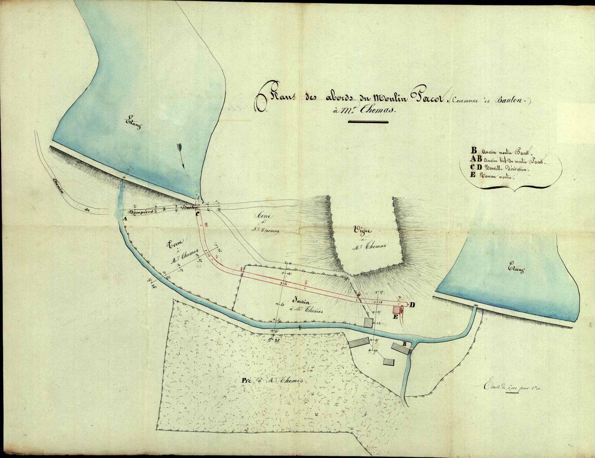 Plan de l'étang de Maupertuis sur la commune de Beaulon, moulin à farine Pacot, 1837 (archives départementales, 7S+65)., 