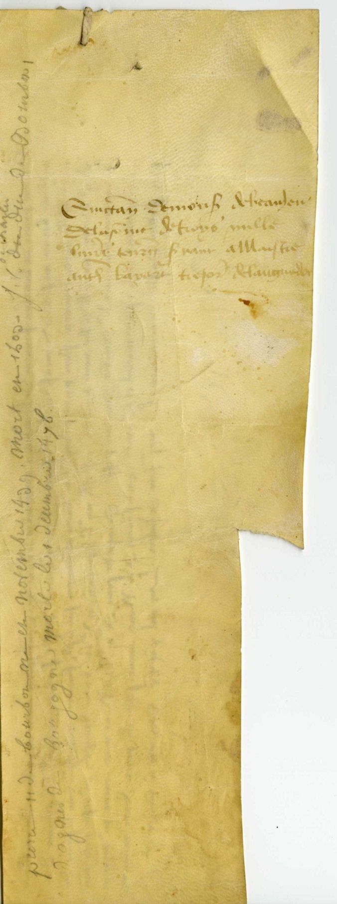 Verso de l'acte (Archives départementales de l'Allier, 1 J 585). 