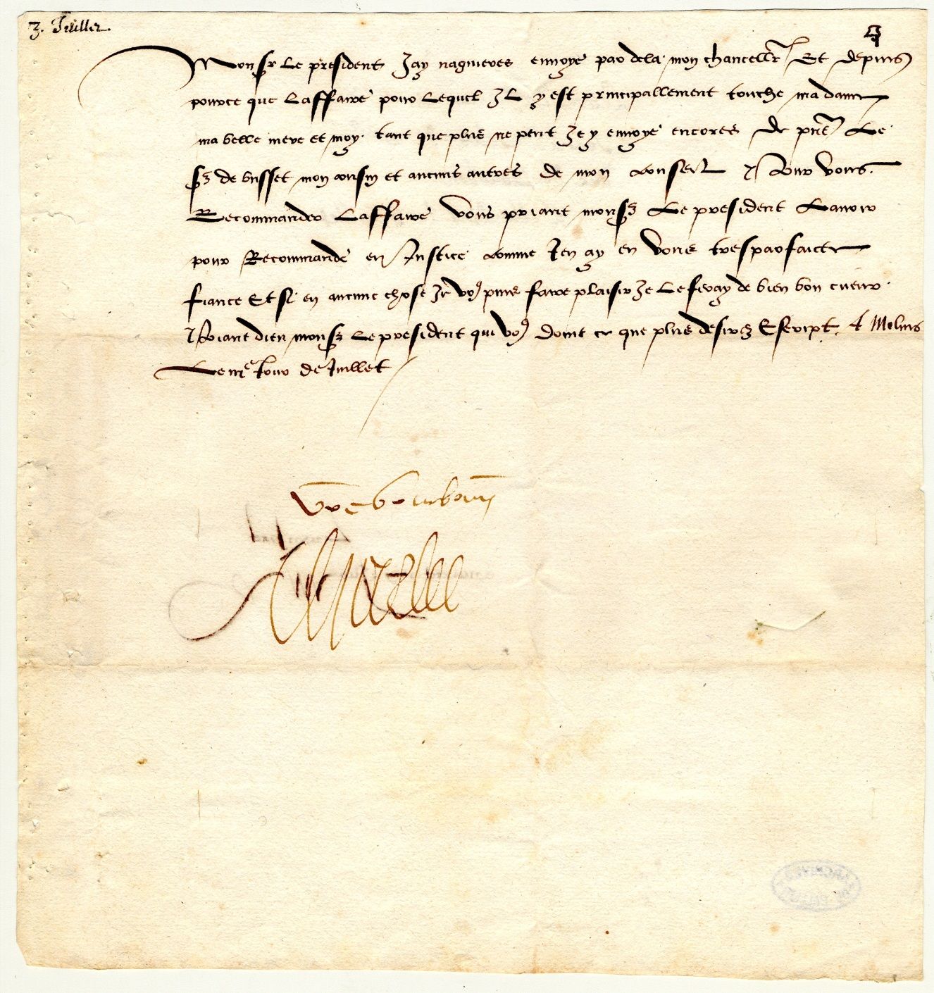 Pièce de papier, signature avec compliment autographe de Charles II de Bourbon (Archives départementales de l'Allier, 1 J 668).