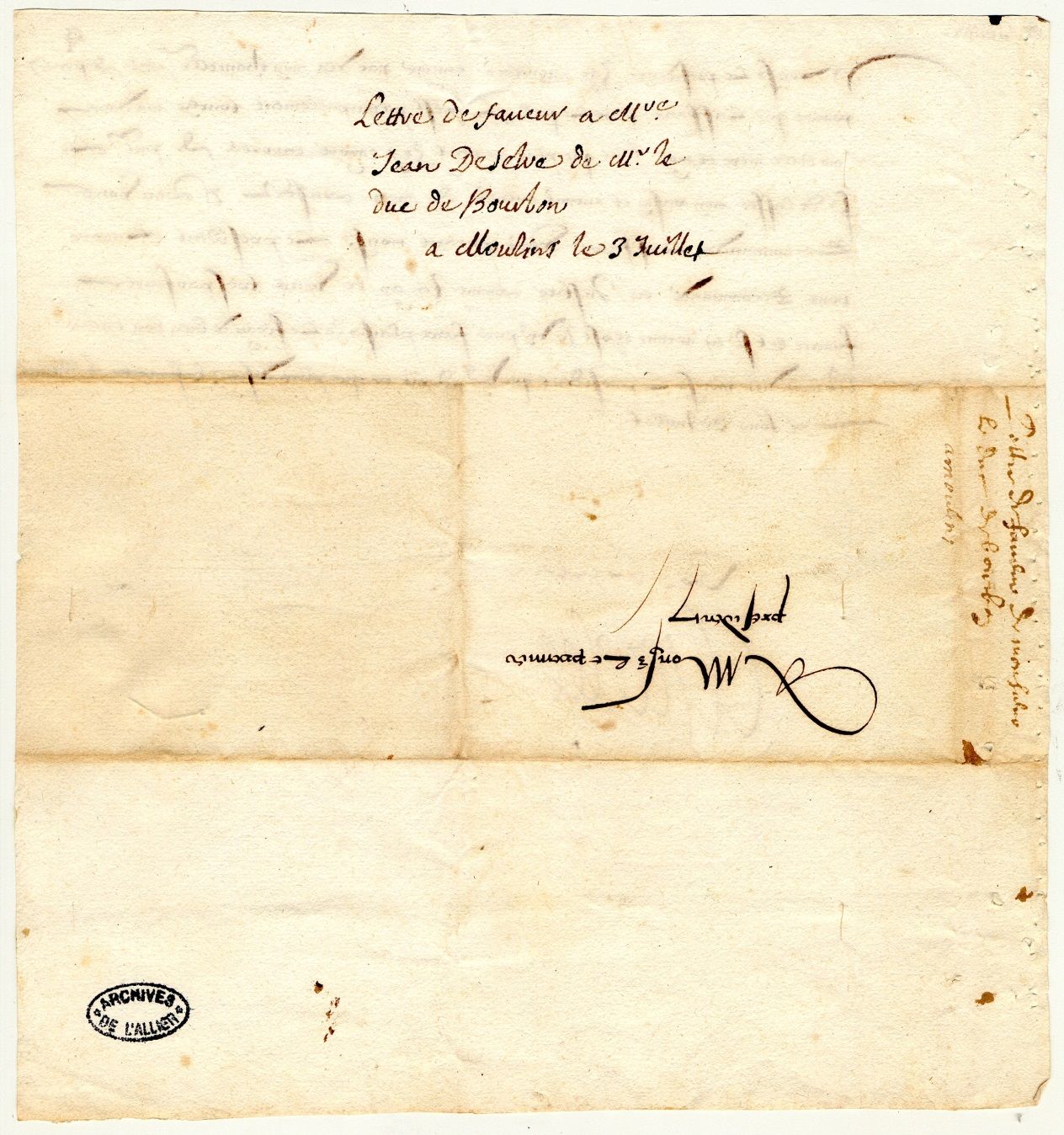 Verso de l'acte, " A monsieur le premier president"  (Archives départementales de l'Allier, 1 J 668). 