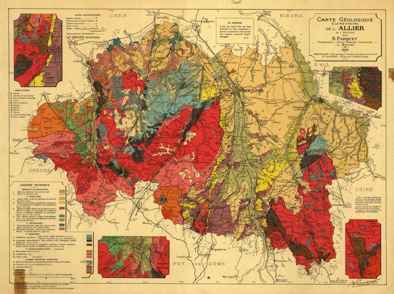 Carte géologique élémentaire de l'Allier par B. Parquet, 1936, cote : 3 Fi Géologie 1