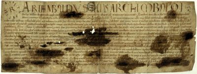 Charte d’Archambaud, sire de Bourbon, portant donation aux moines d’Evaux, fin du XIe siècle, encre sur parchemin, env. 21,5 cm l x 57,5 cm la, D 43.
