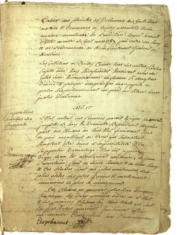 Cahier de doléances de Cérilly, Archives départementales de l'Allier.