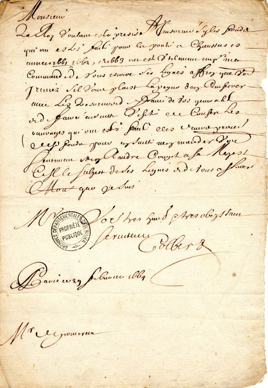 Lettre autographe de Colbert à l'intendant du Pomereu, 29 fév. 1664, C 165.Fermer