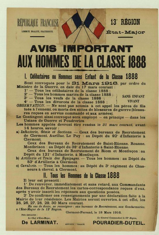 Avis de mobilisation pour les hommes de la classe 1888 (A.D. Allier, 26 J 323).