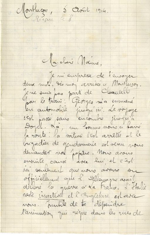 Lettre d’Albert Melin à son épouse Noémie datée du 5 aout 1914 (A.D. Allier, 117 J 1).