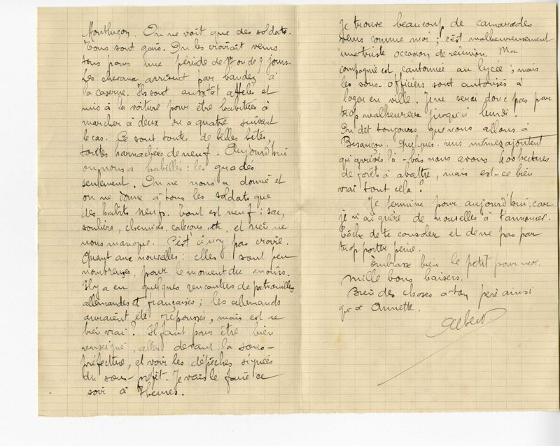Lettre d’Albert Melin à son épouse Noémie datée du 5 aout 1914 (A.D. Allier, 117 J 1).