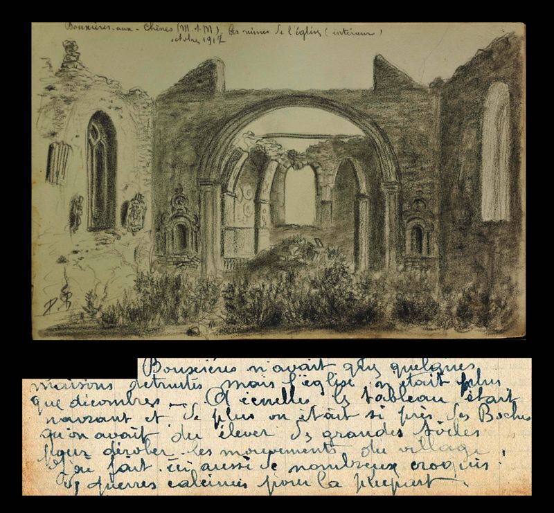 « L’église de Buxières-aux-chênes, octobre 1917 » : dessin réalisé par de Benoît Pacaud (A.D. Allier, FRAD003_01_NUM_0042)