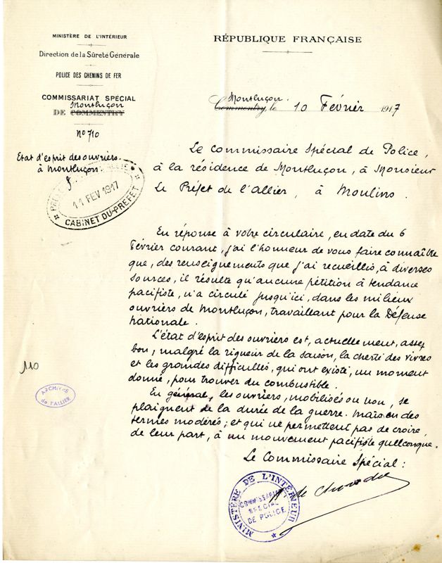 Rapport du Commissaire de police de Montluçon au Préfet de l’Allier sur l’état d’esprit des milieux ouvriers daté du 10 février 1917 (A.D. Allier, 1 M718). © A. D. Allier