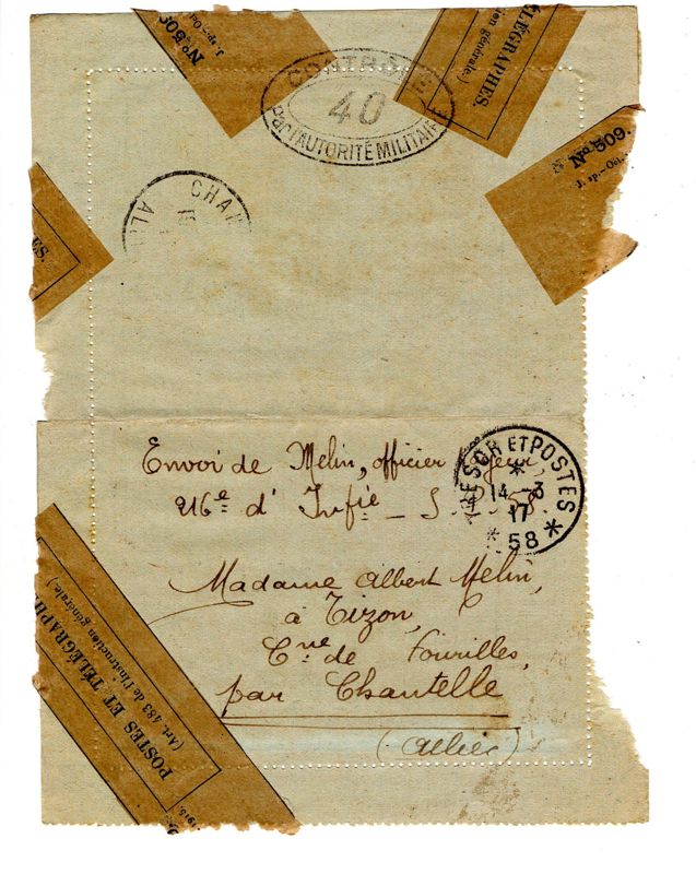 Lettre ouverte et tamponnée par le contrôle postal militaire datée du 14 mars 1917 (A. D. Allier, 117 J 1). © A. D. Allier