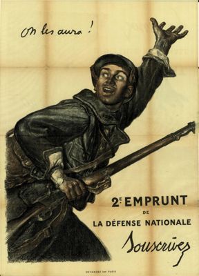 Affiche du peintre et illustrateur Jules-Abel Faivre utilisée pour lancer le deuxième emprunt de la défense nationale en octobre 1916 (A.D. Allier,1 M2033). © A. D. Allier
