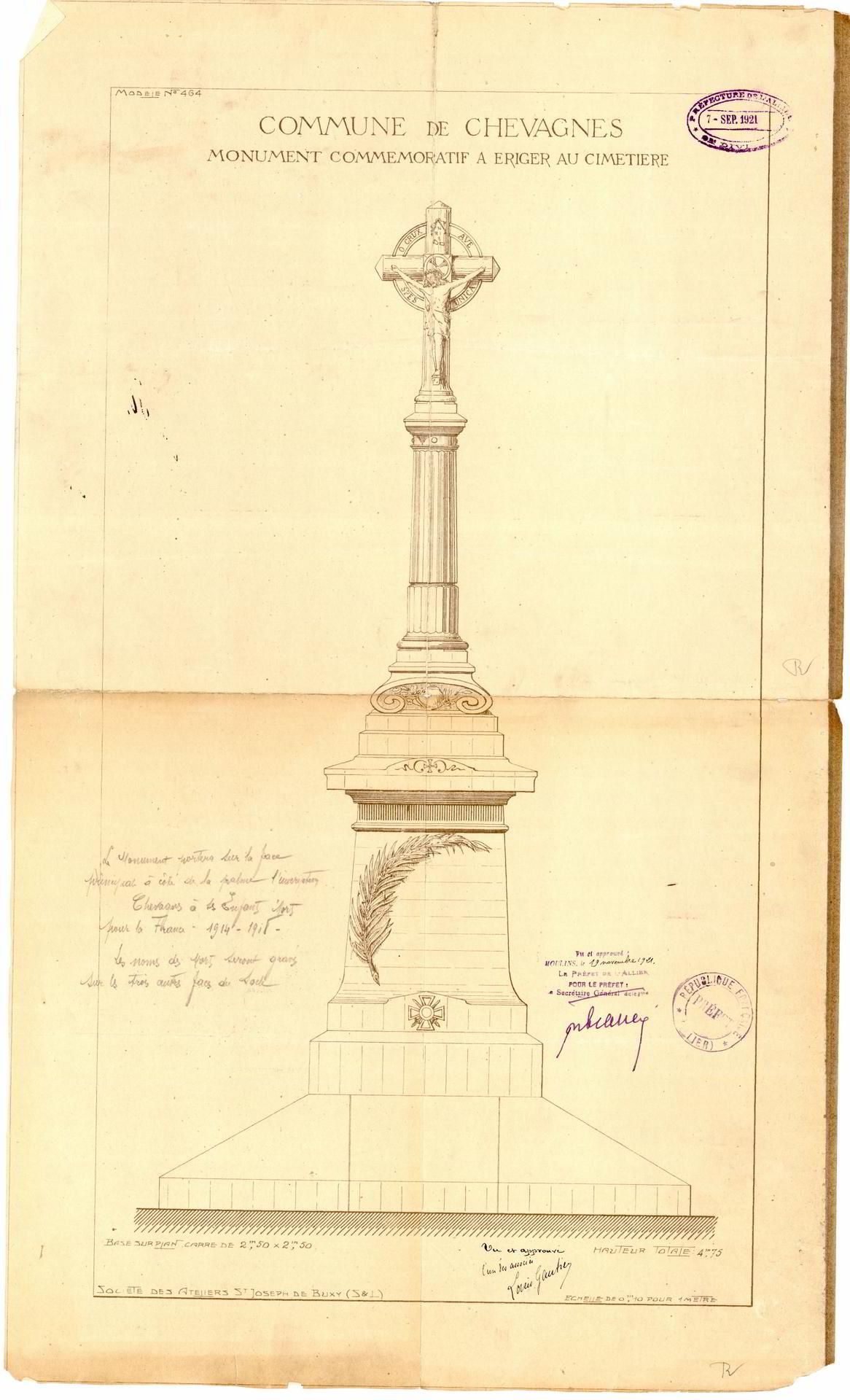 Quelques communes, comme Chevagnes, choisissent de placer un monument unique dans le cimetière. La dimension religieuse ou funéraire est alors plus marquée (A.D. Allier, 2 O 905). © A. D. Allier