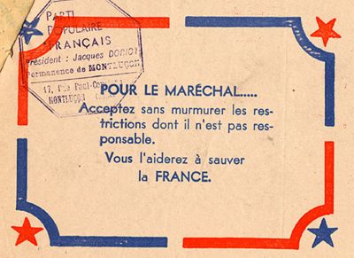 Tract du parti populaire Français, Montluçon, mars 1941 (A. D. Allier, 996 W, propagande et censure, 7 .1). © A. D. Allier