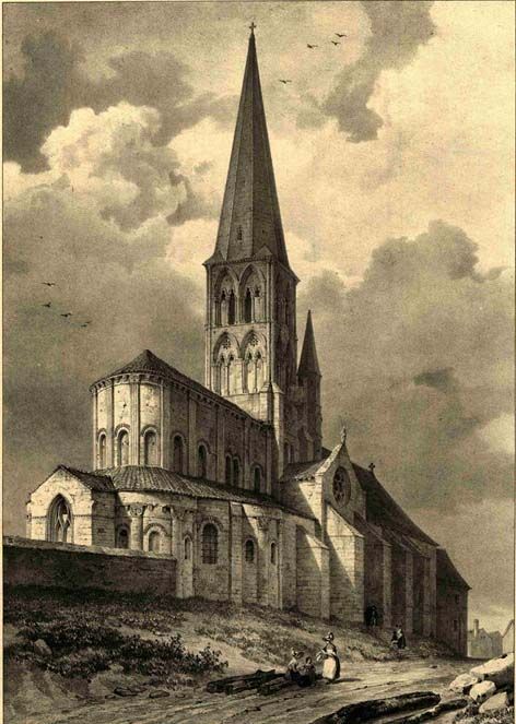 Vue de l’église depuis le chevet avant 1806 (A. Allier, L’Ancien Bourbonnais…). © A. D. Allier