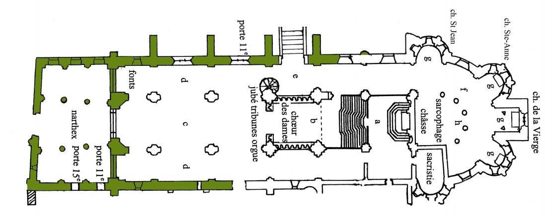 En vert, les parties de l’église du XIe siècle. © M.-E. Bruel