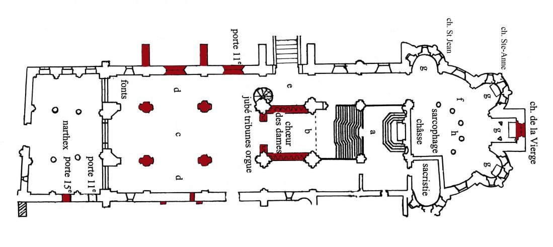 En rouge, les parties de l’église datant du 4e quart du XVe siècle © M.-E. Bruel