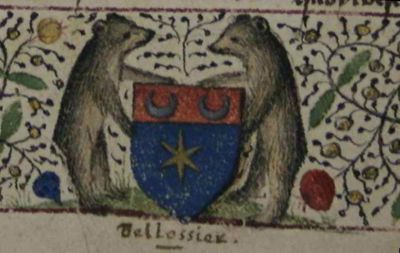 Armoiries d’Odard Bellossier : d’azur à une étoile d’or, au chef de gueules chargé de deux croissants d’argent ; tenants d’armes, deux ours. © M.-E. Bruel