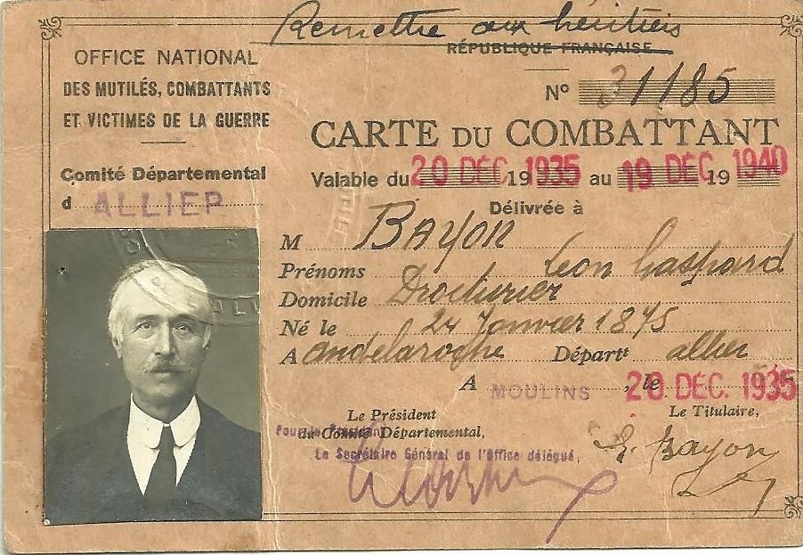 Carte de combattant de Léon Gaspard BAYON