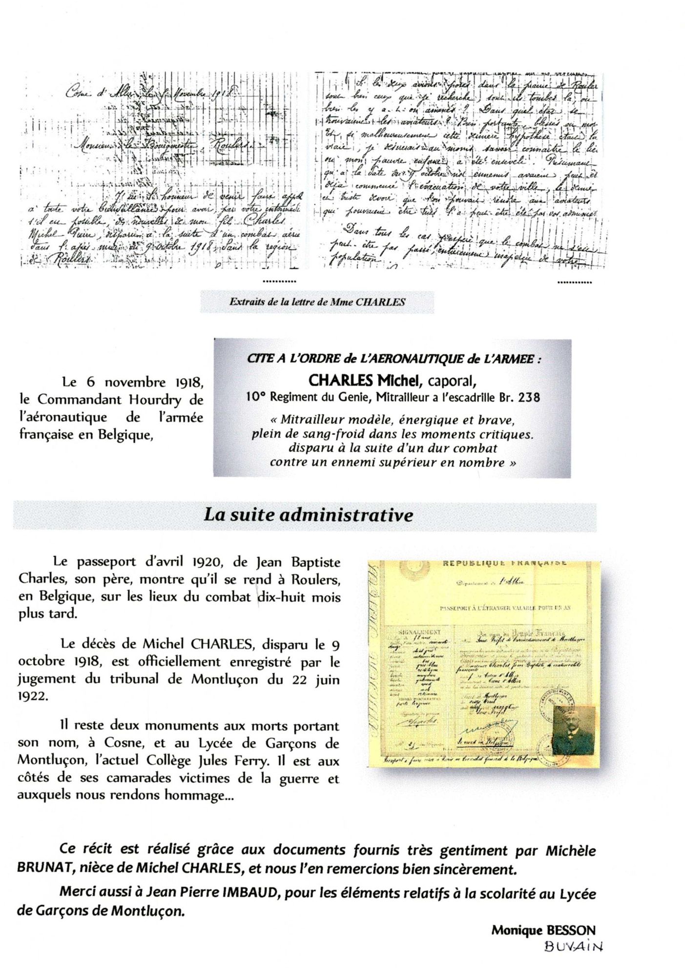 Biographie de Michel CHARLES par Mme Monique Besson-Buvain