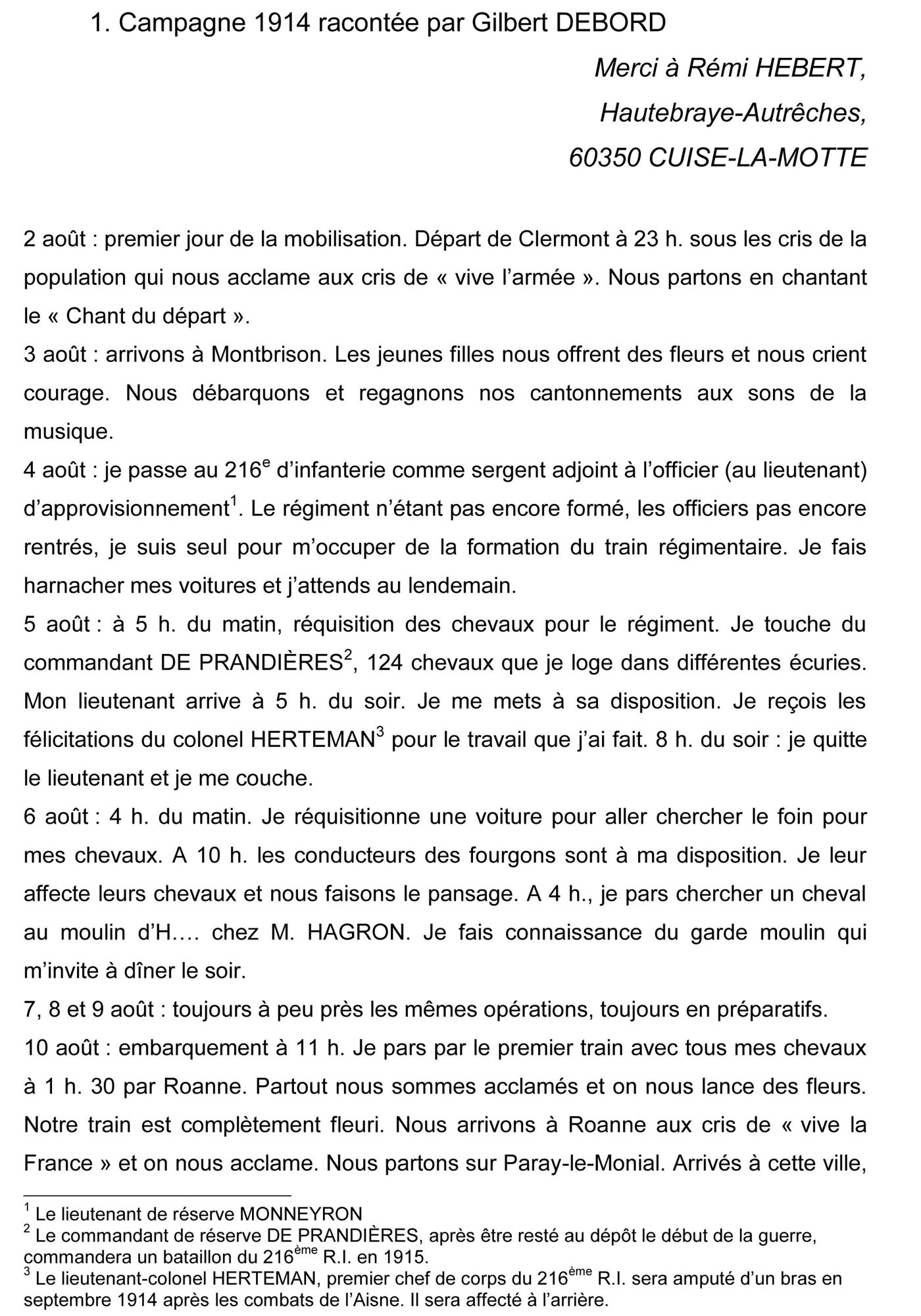 Transcription du carnet de notes de Gilbert DEBORD, 2 août 1914-26 novembre 1915.