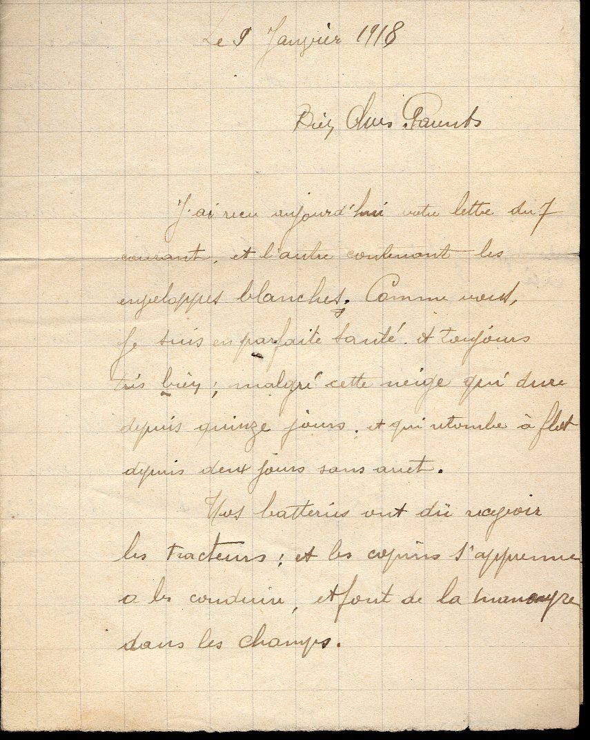 Lettre de Mathieu Dubois à ses parents, 9 janvier 1918.