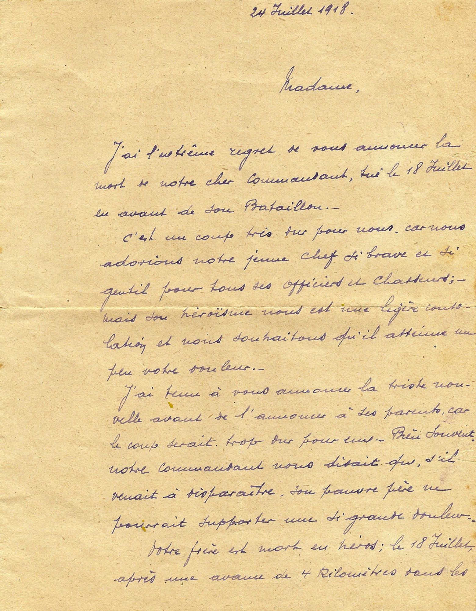Lettre du capitaine Vichier-Guerre, second du capitaine, à la sœur et au frère du capitaine Goetschy, 24 juillet 1918