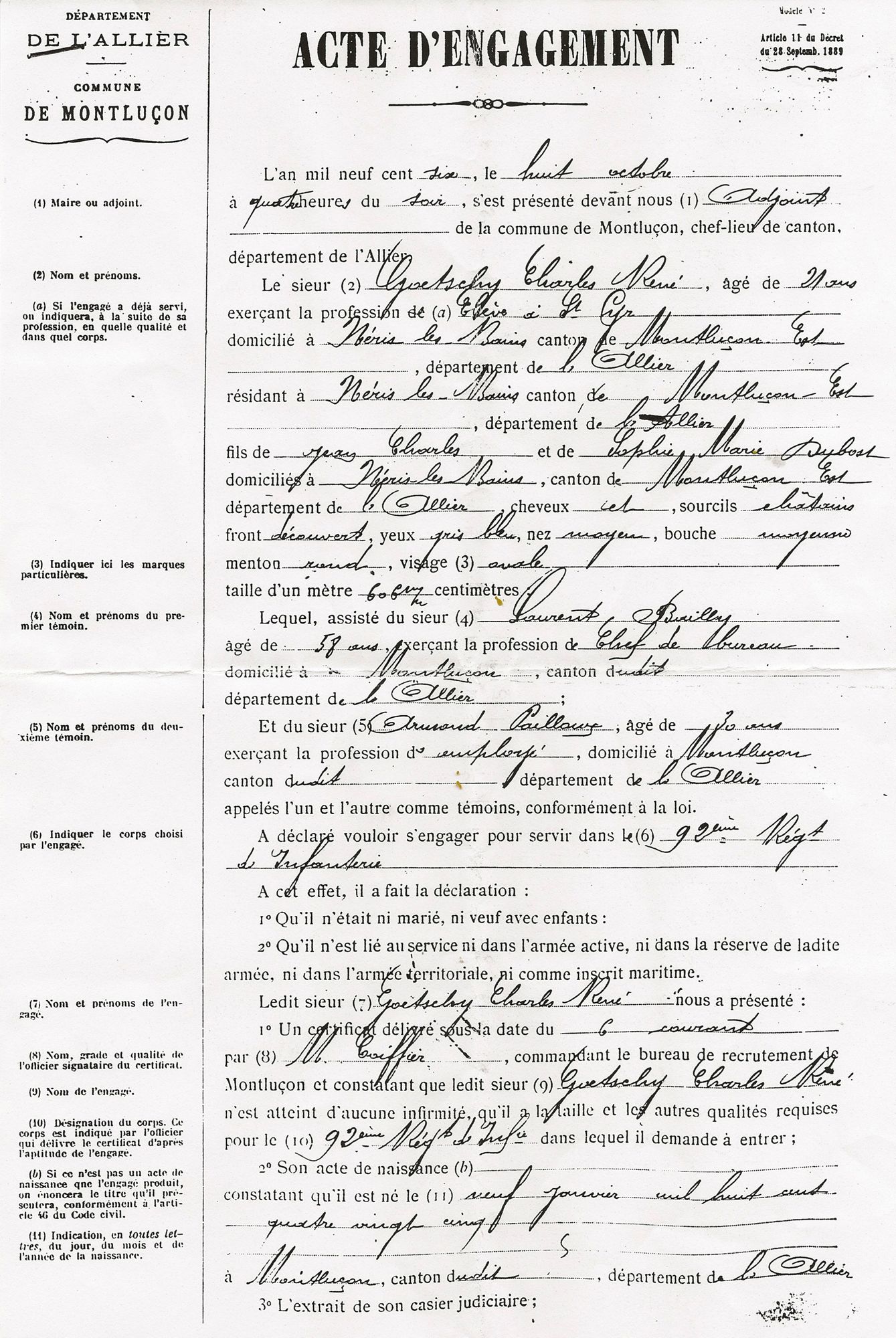 Copie de l’acte d’engagement du capitaine Goetschy du  8 octobre 1906