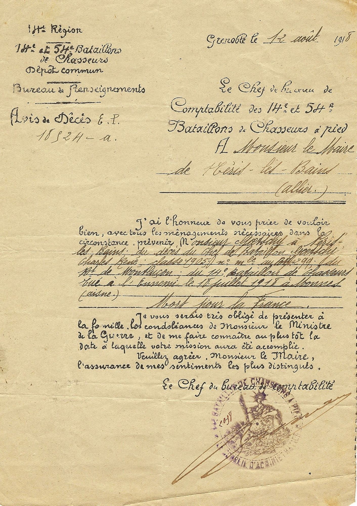 Avis du décès du capitaine Goetschy du 18/08/1918