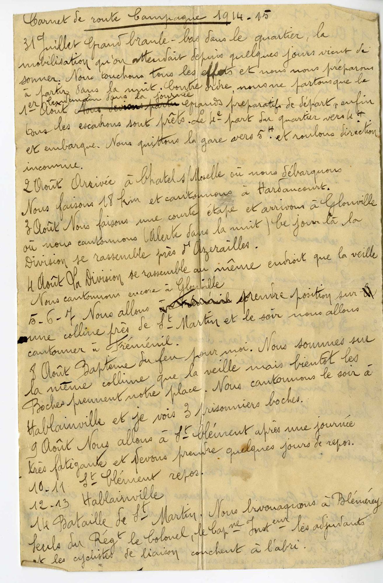 Carnet de route de Georges Laval pour la campagne 1914-1915