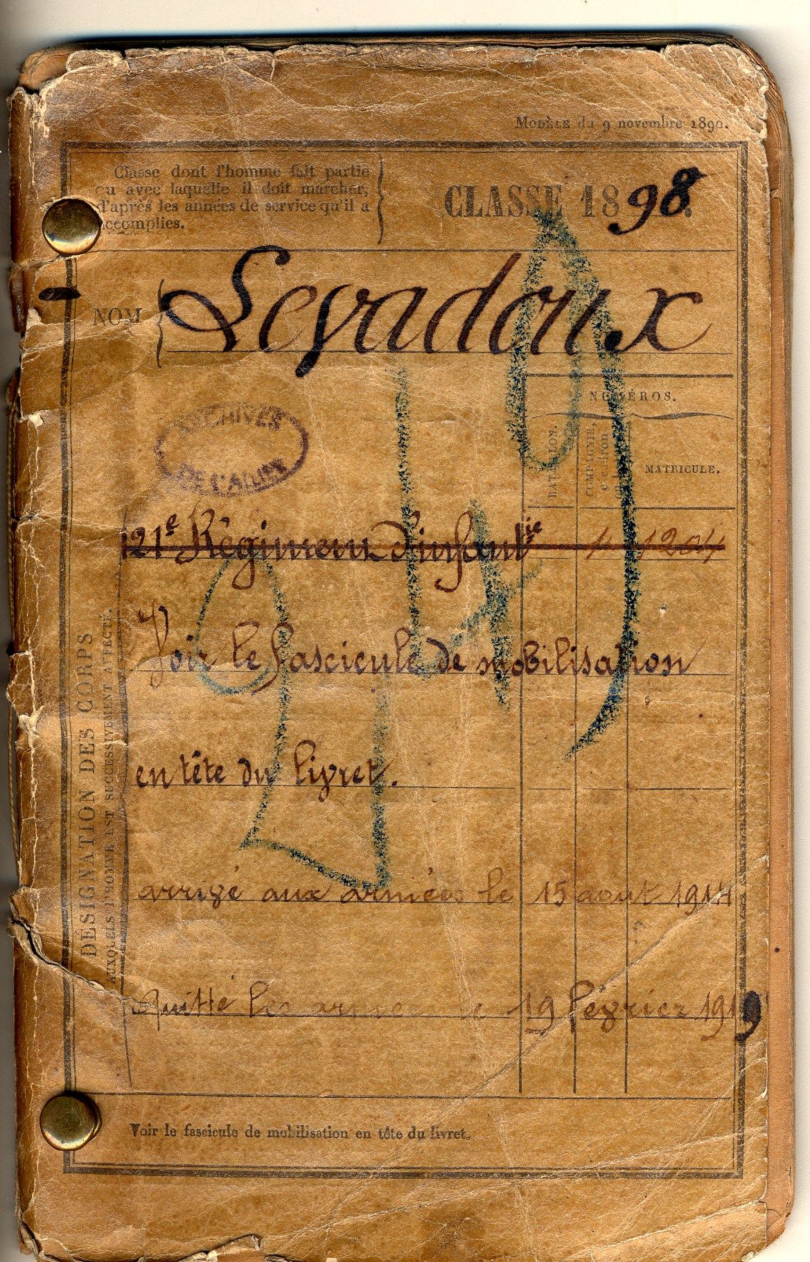 Livret militaire de Gabriel Levadoux