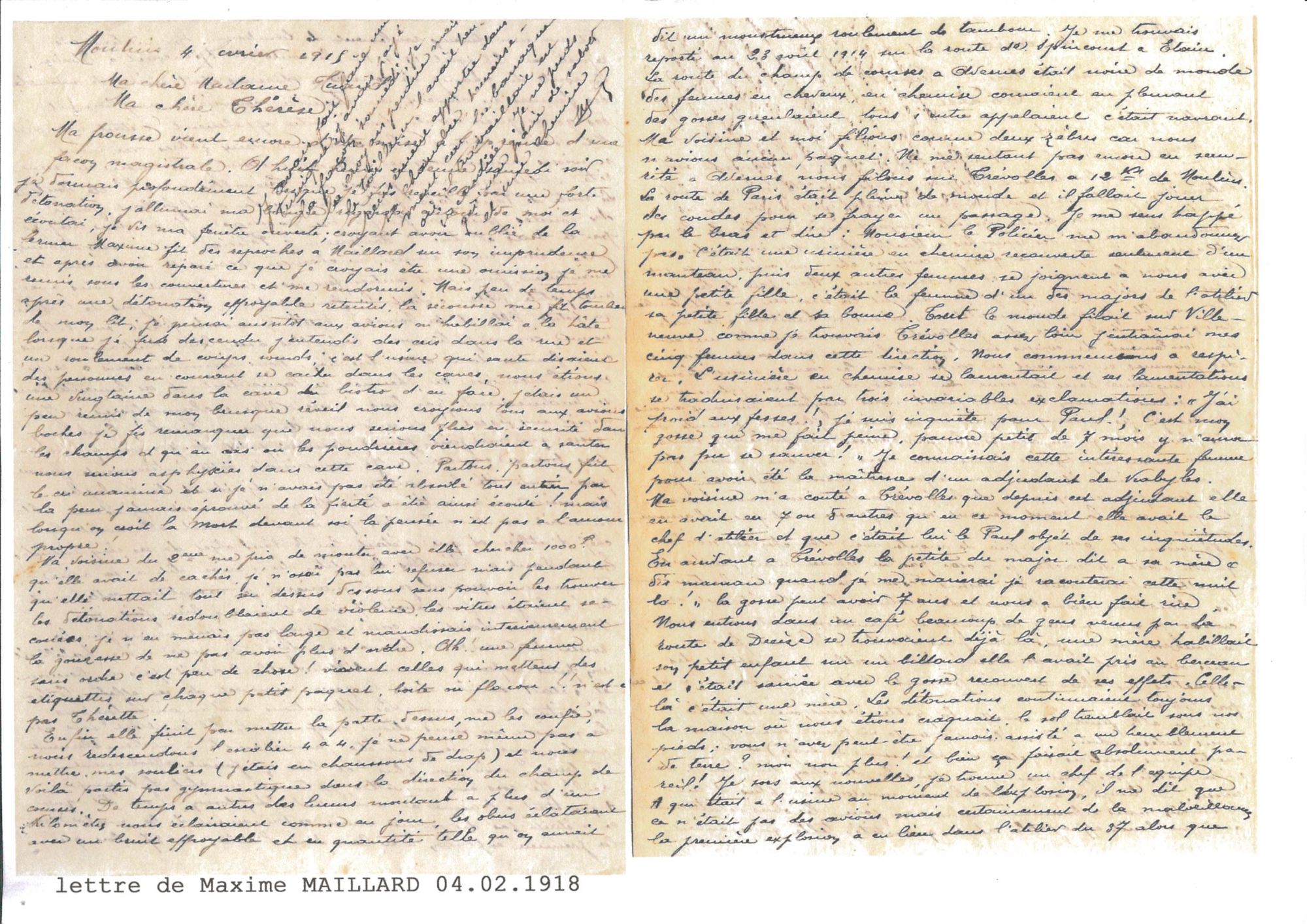 Récit de l'explosion de l'atelier de chargement (Moulins, 2 février 1918), pages 1-2.