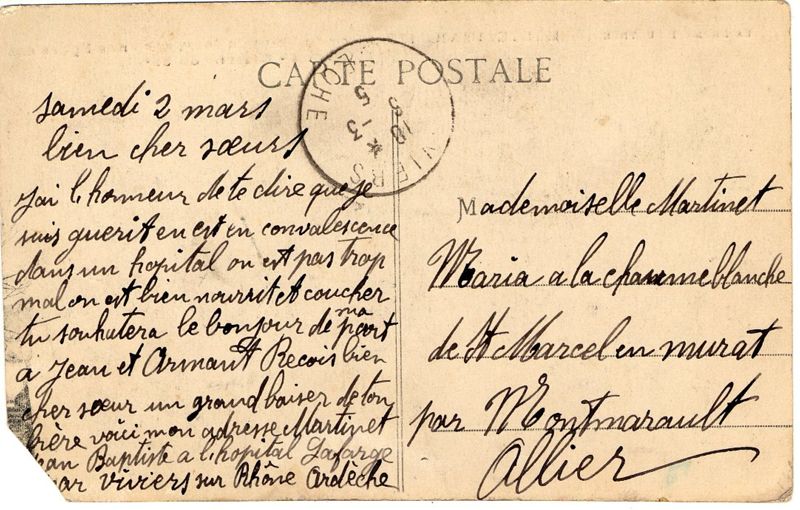 Carte postale de Jean-Baptiste Martinet envoyées à sa soeur Maria à Saint-Marcel-en-Murat,  2 mars (1918 ?)