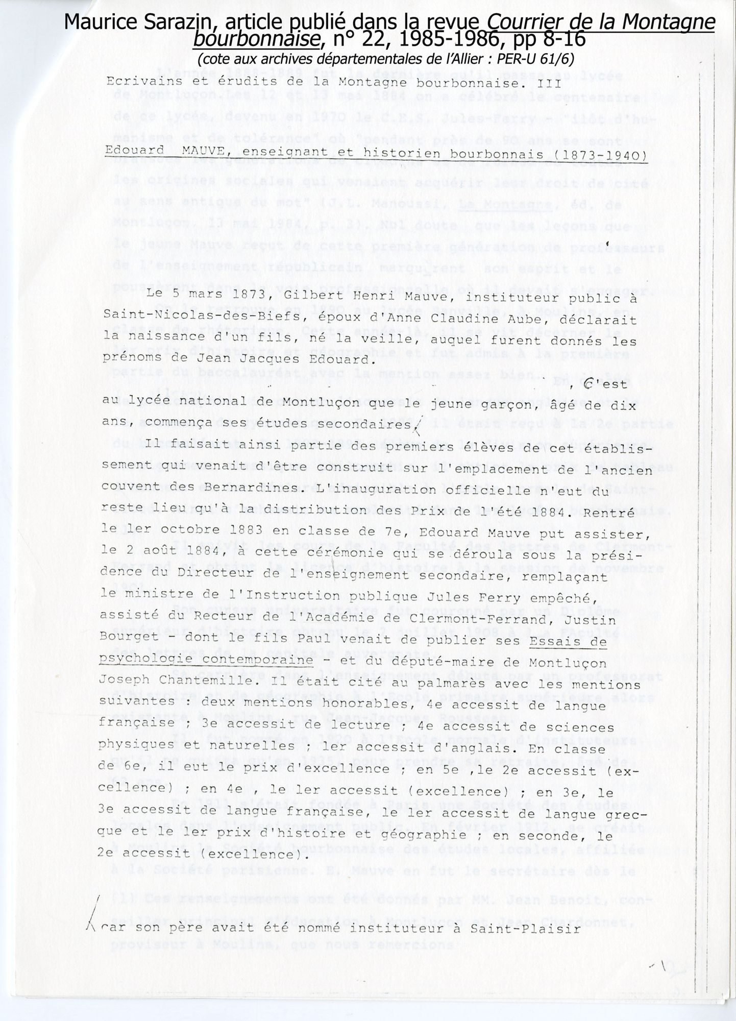Article de Maurice Sarrazin sur Edouard Mauve, revue Courrier de la Montagne bourbonnaise , 1985-1986, n° 22, pages 8-16