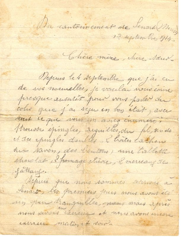 Lettre de Georges Pannejon à sa mère et à sa soeur, 12 septembre 1914