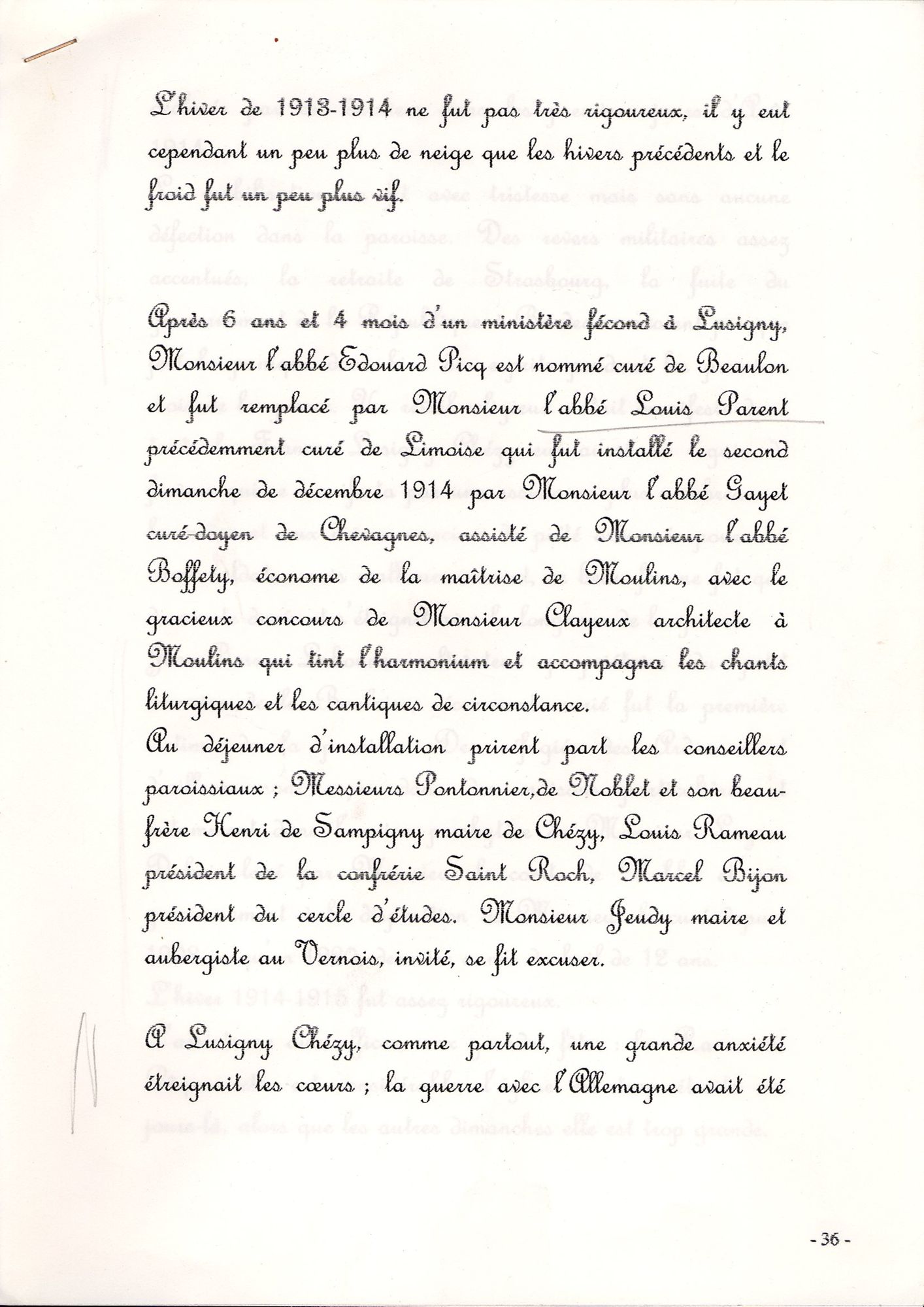 Témoignage de l'abbé Louis PARENT sur la vie religieuse à Lusigny pendant la guerre 1914-1918