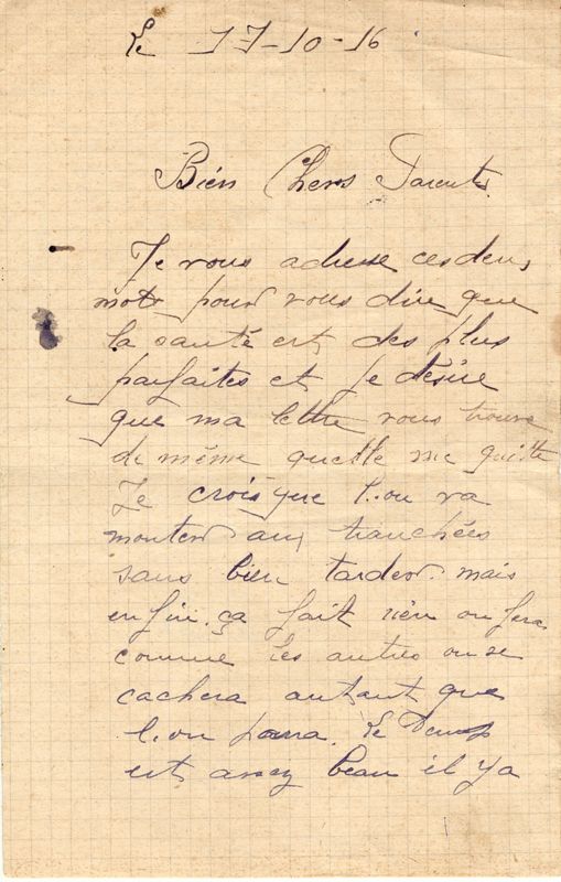 Dernière lettre d'Andre Passat à ses parents, 17 octobre 1916. Il est mort le 22 octobre 1916 à Sailly-Saillissel dans la Somme.