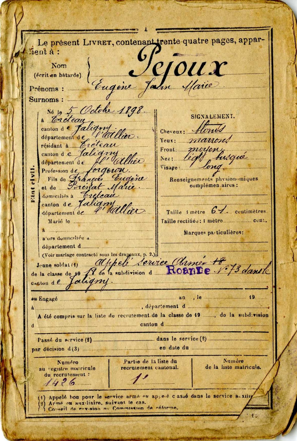 Livret de mobilisation d'Eugène PEJOUX