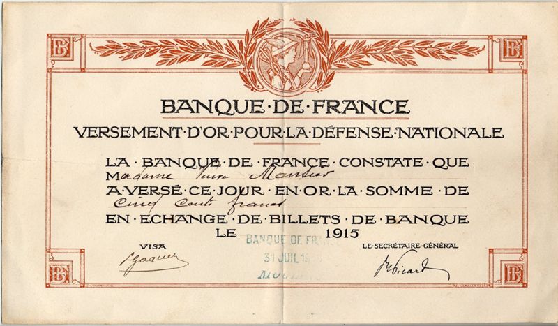 Défense Nationale : attestations de la Banque de France pour le versement d'or, 1915.