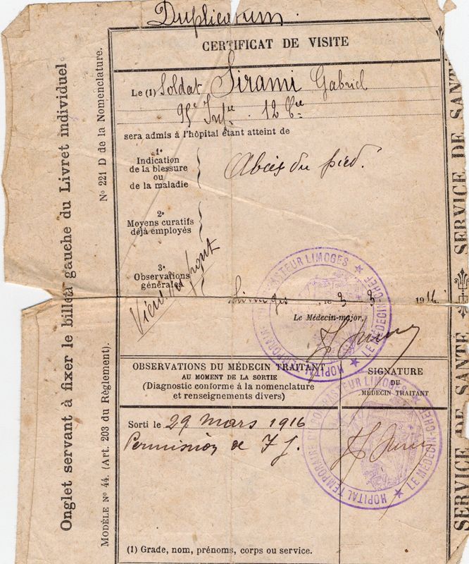 Certificat médical de Gabriel Sirami pour un abcès au pied, 29 mars 1916