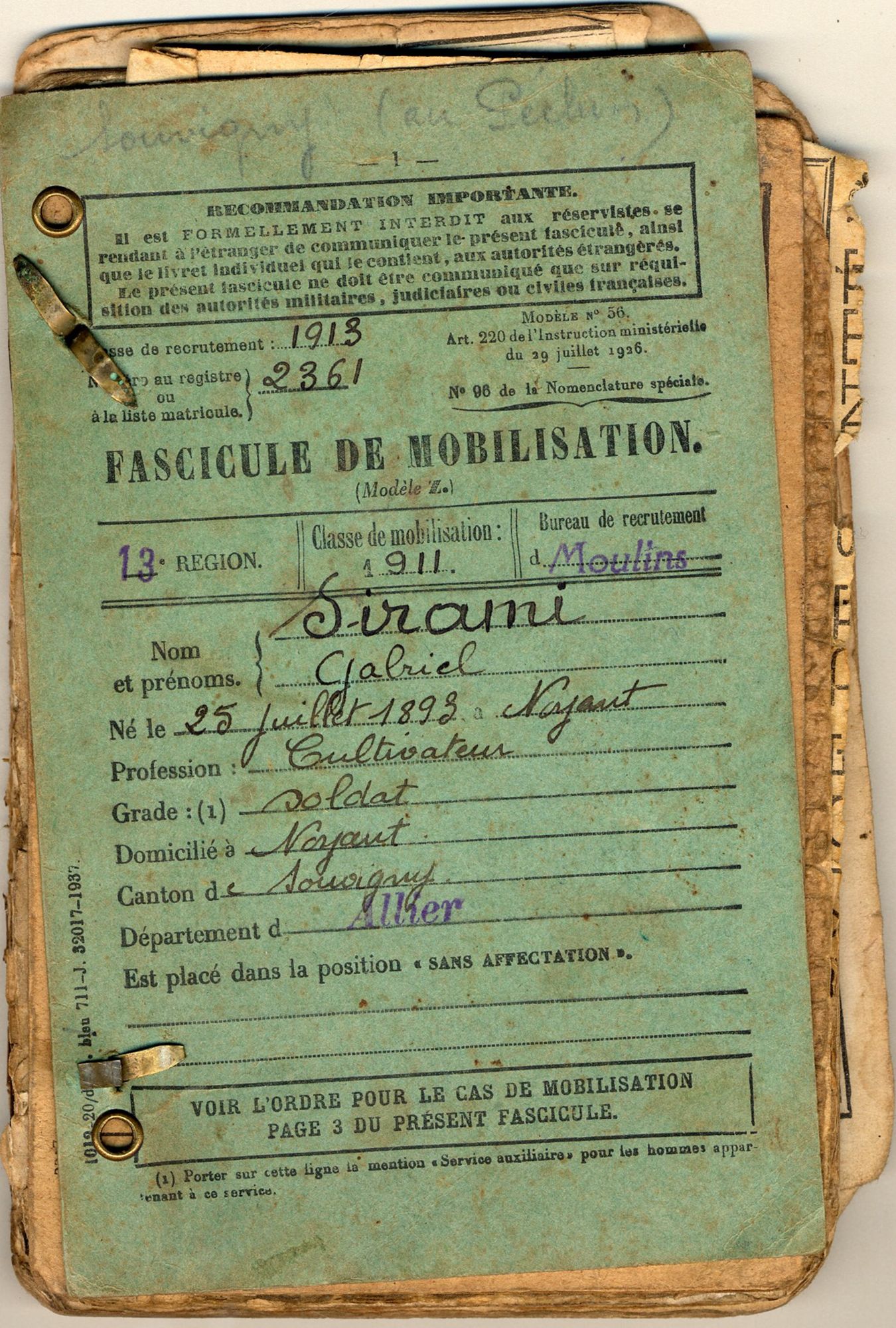 Fascicule de mobilisation et livret militaire de Gabriel Sirami