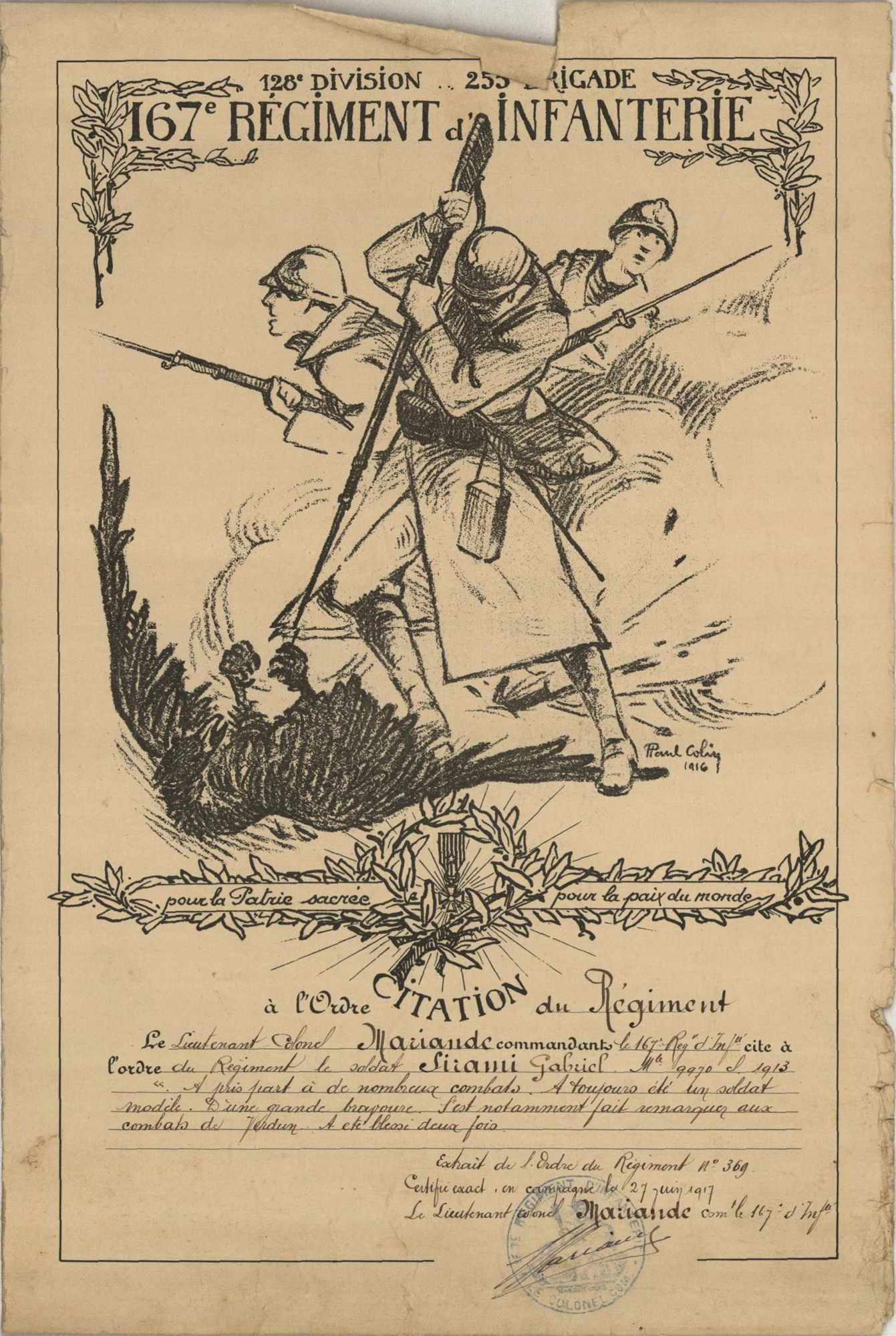 Citation de Gabriel Sirami du 27 juin 1917