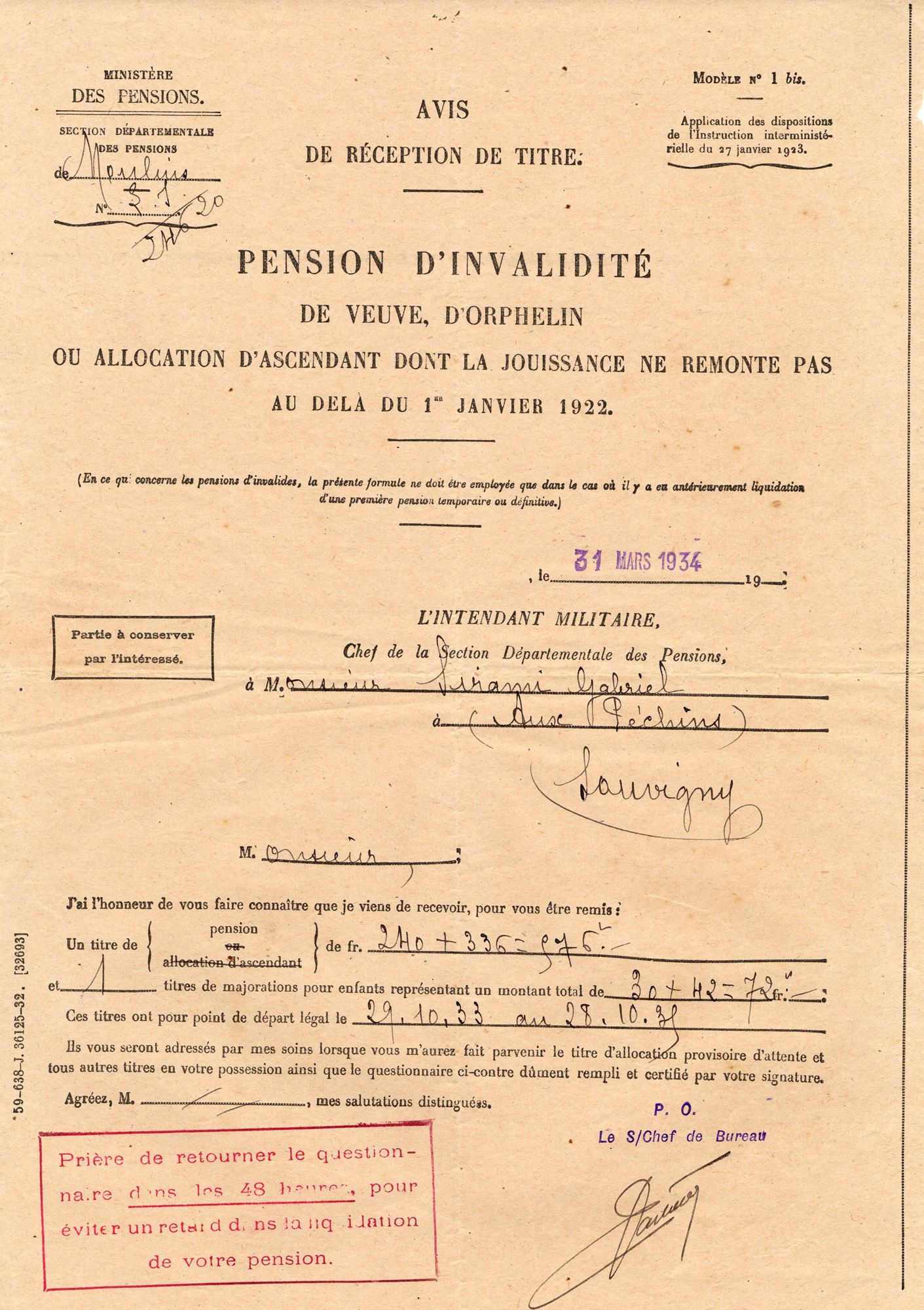 Pièces justificatives du dossier d'invalidité de Gabriel Sirami