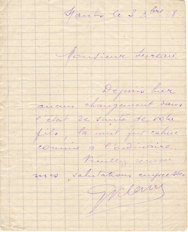 Lettres d'une personne de l'entourage de Louis Sureau, donnant des nouvelles de la santé de ce dernier à son père, 2 et 3 décembre 1918