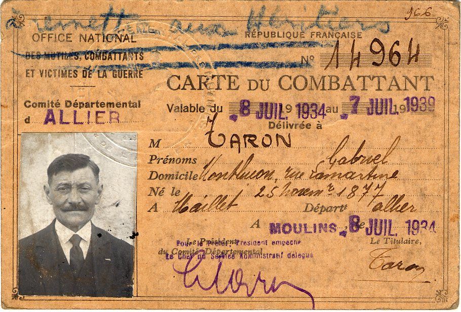 Carte du combattant de Gabriel Taron